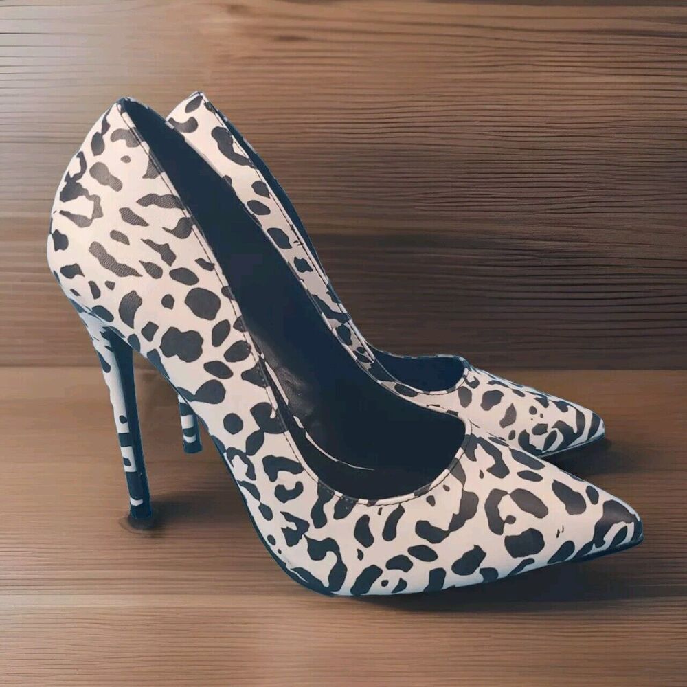 Womens  Pumps Sz 7 Black White Animal Print Slip On Slim Heel Liliana